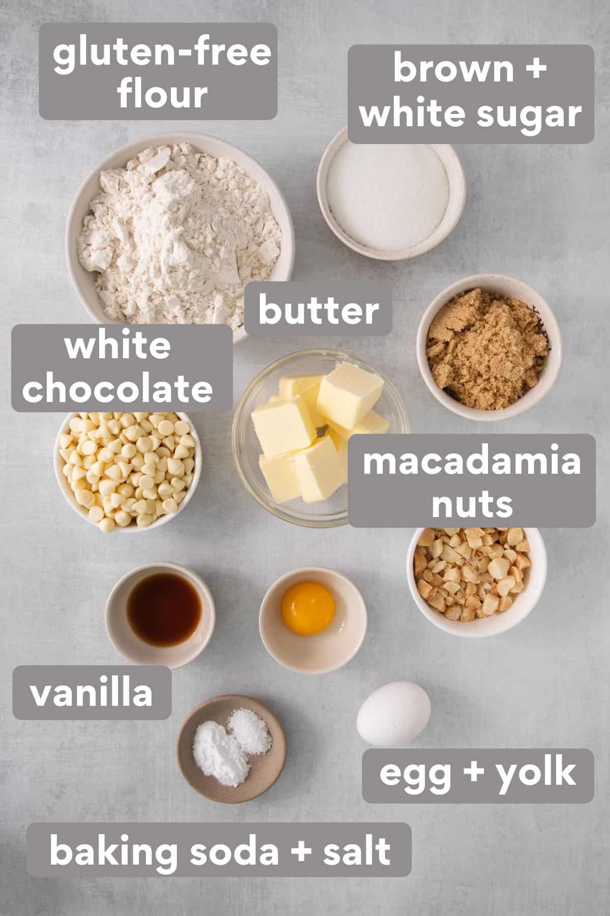Ingredients for white chocolate macadamia nut cookies on a countertop