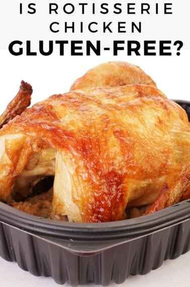 rotisserie chicken in container with text overly