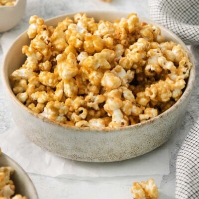 Microwave caramel corn in a bowl on a countertop