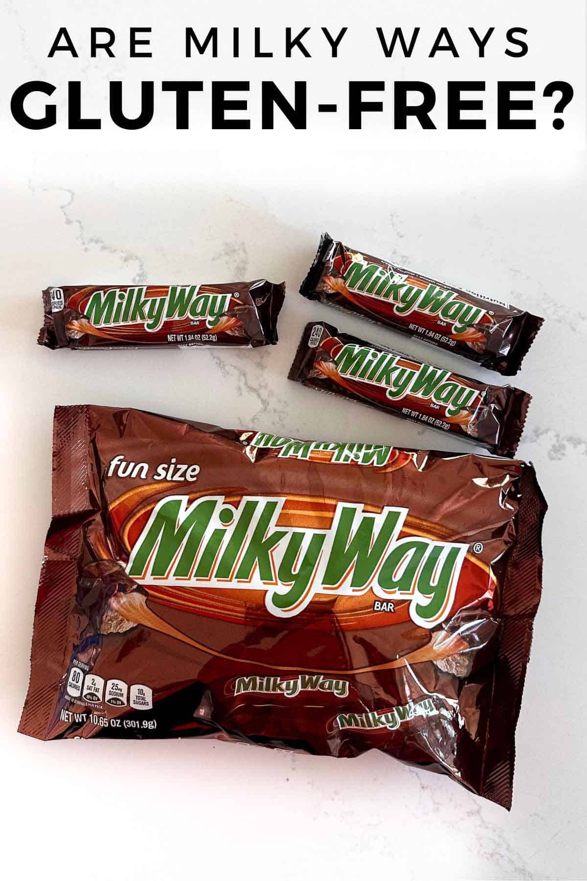overhead shot of milky ways on white counter with text overly "are milky ways gluten-free"