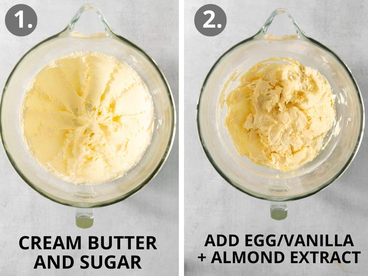 butter and sugar mixed with eggs and almond extract in a glass bowl for gluten-free spritz cookies