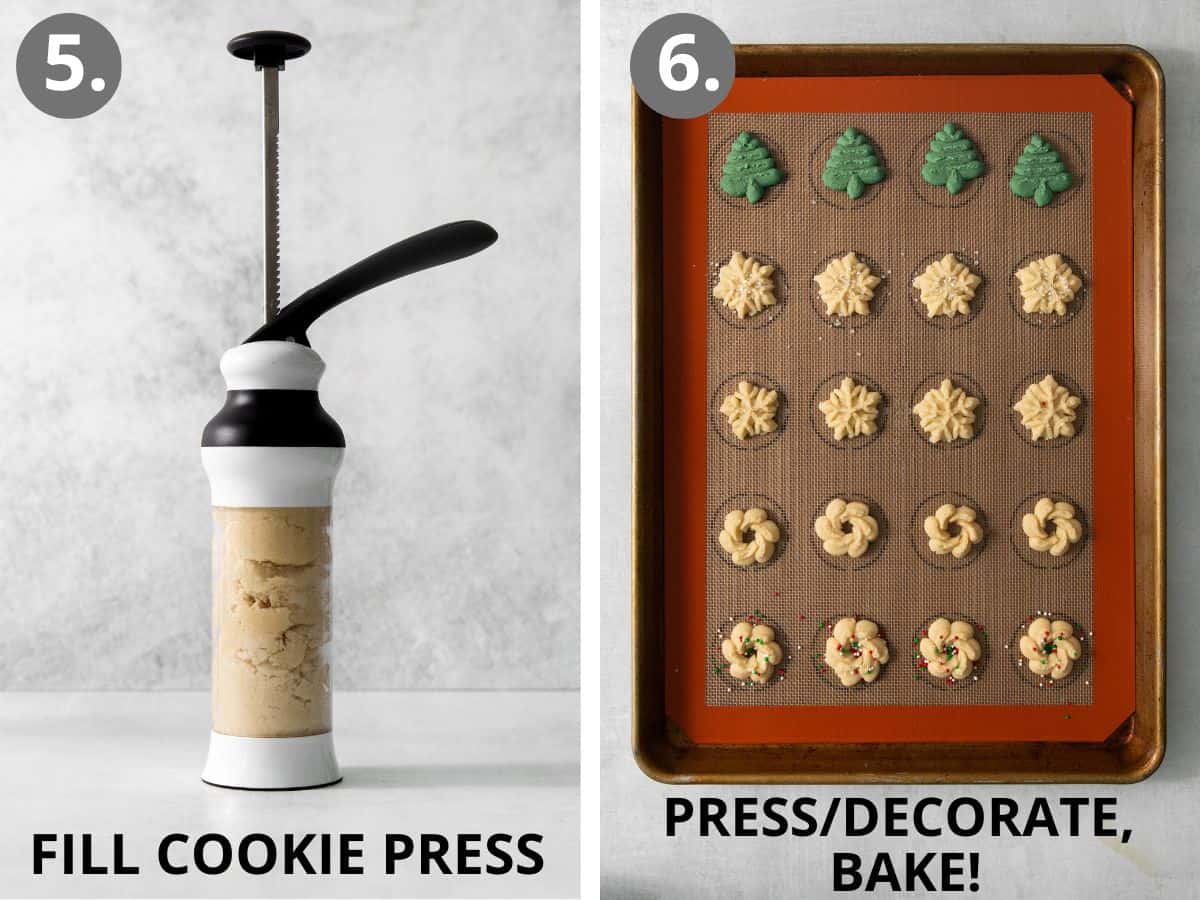 dough in a cookie press, and gluten-free spritz cookies on a baking sheet