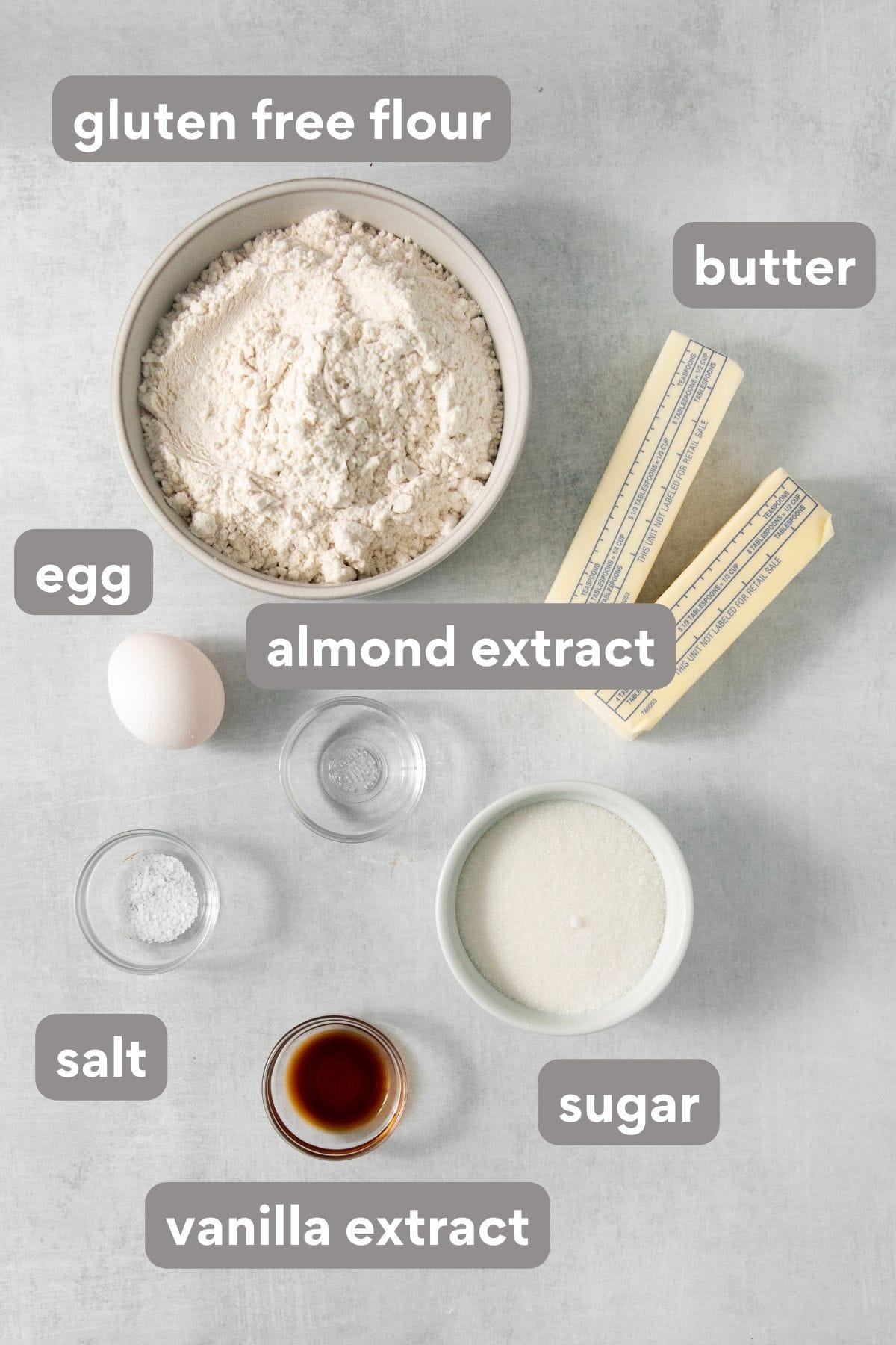 ingredients for gluten-free spritz cookies on a countertop