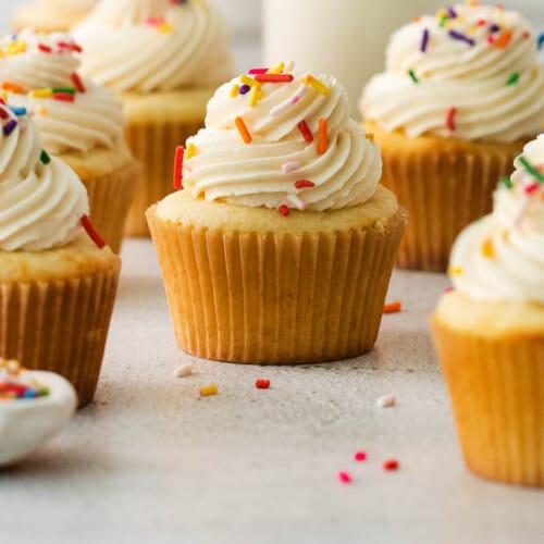 Gluten-free vanilla cupcakes on a countertop