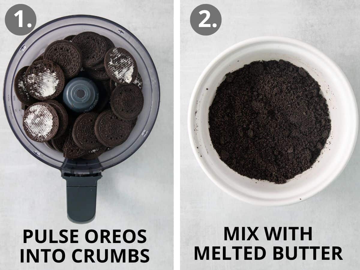 Oreo crumbs in a food processor, and Oreo crumbs in a bowl with melted butter