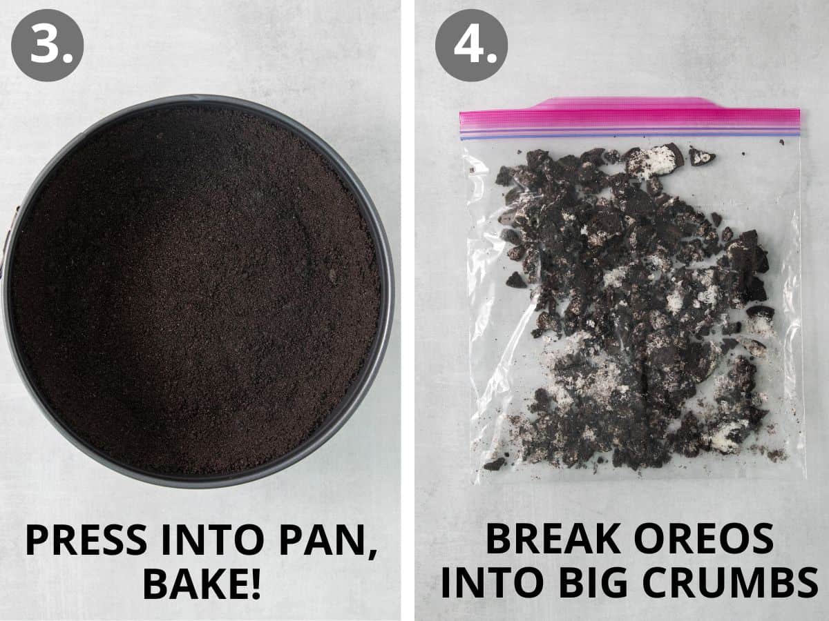Oreo crumbs in a pan, and Oreo crumbs broken into pieces in a Ziplock bag