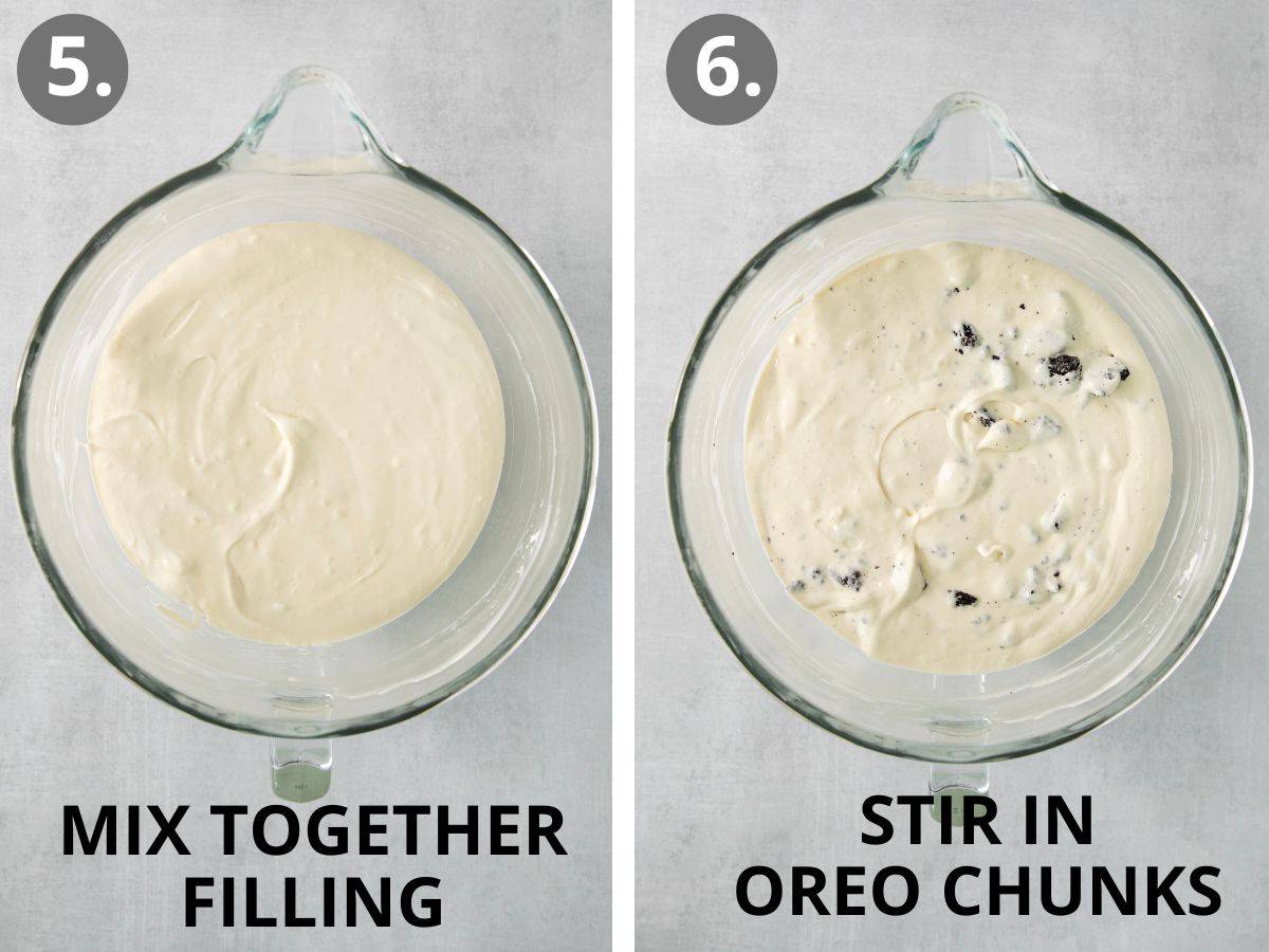 Cheesecake filling in a mixing bowl, and cheesecake filling with Oreo chunks stirred in
