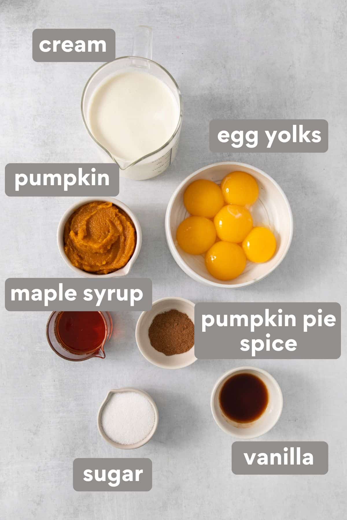 Ingredients for pumpkin creme brulee on a countertop