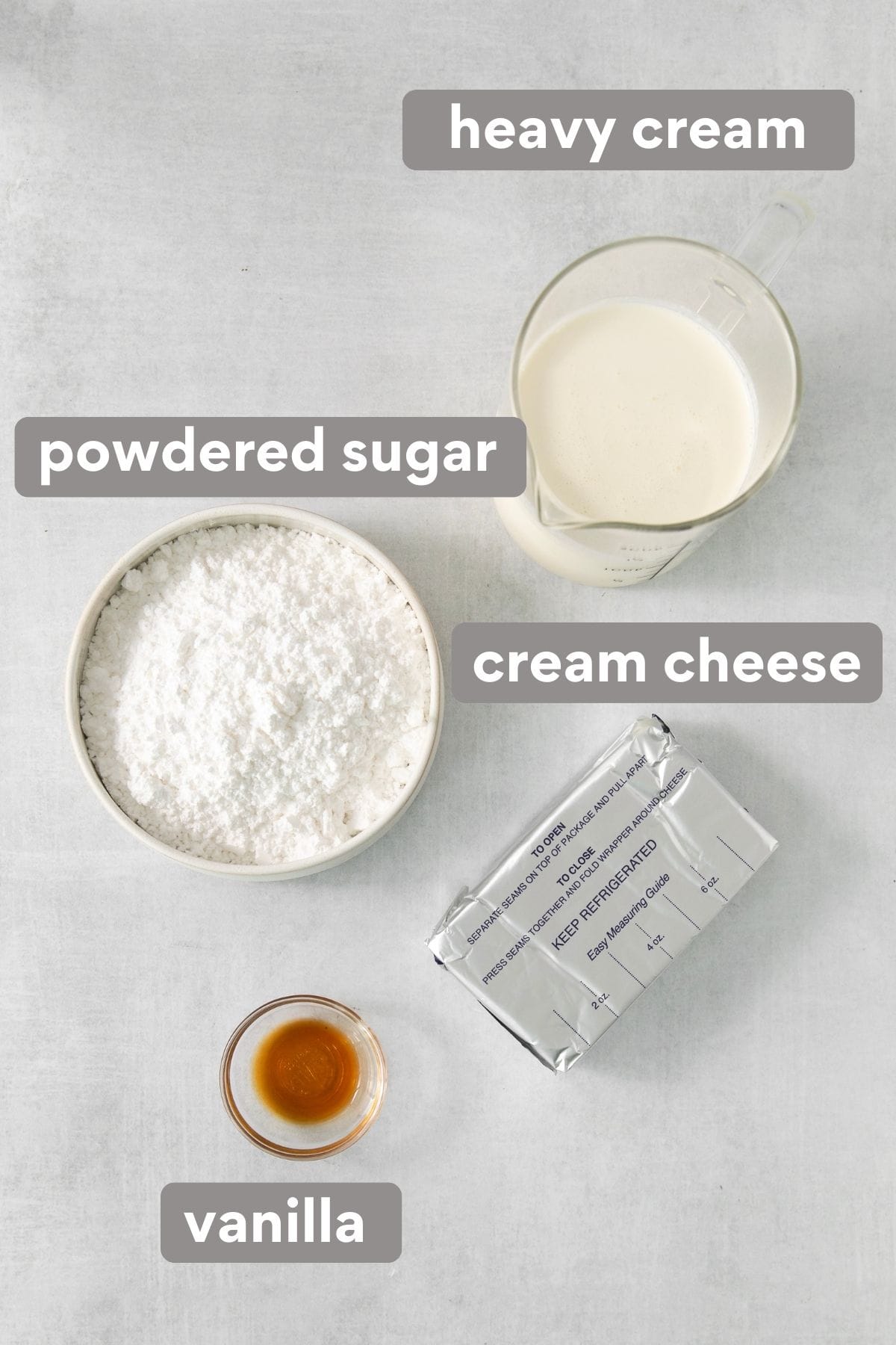Cream cheese filling ingredients on a countertop