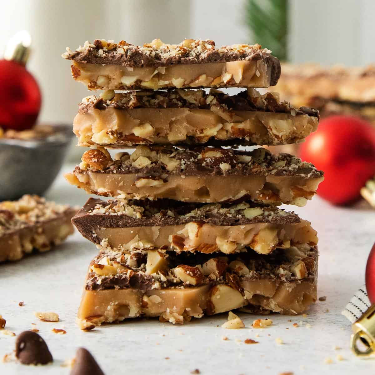 English toffee stacked on a countertop