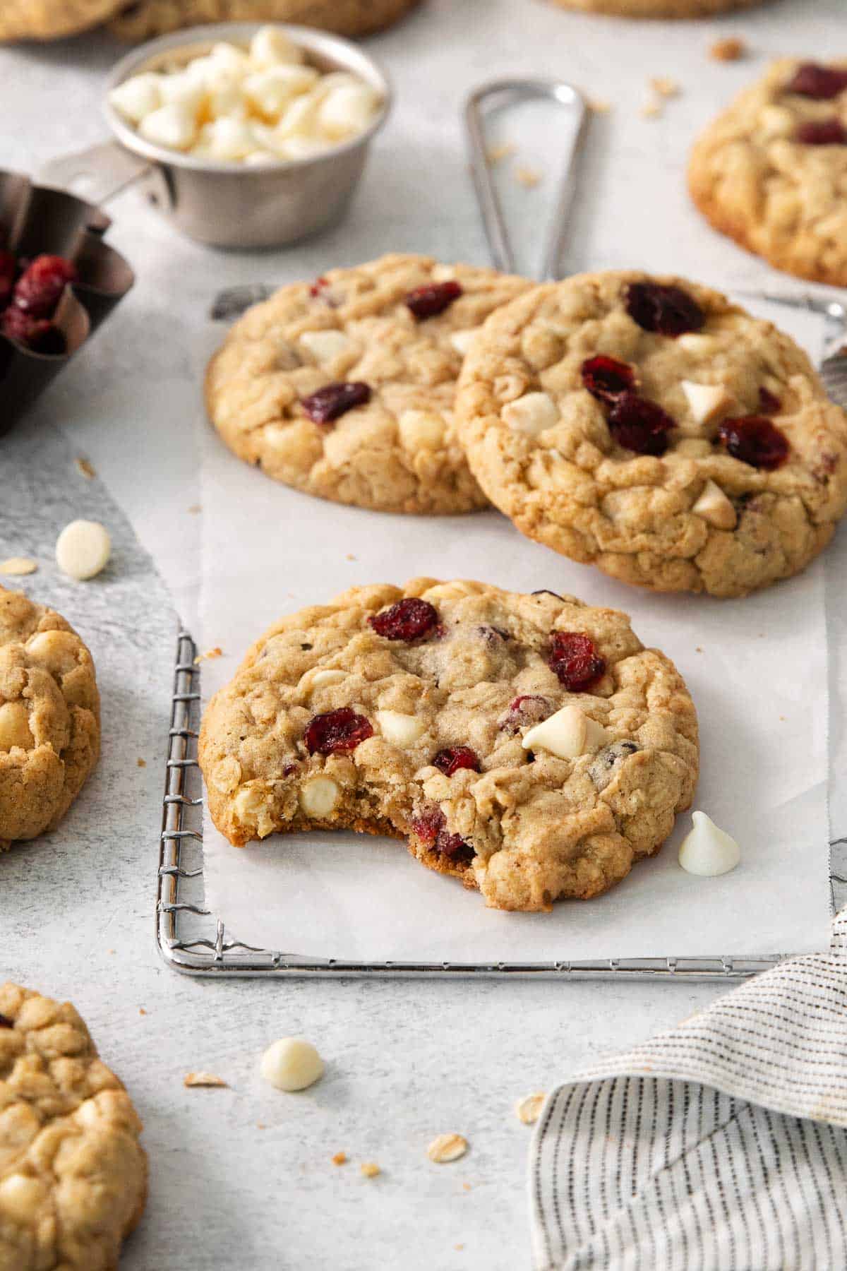 gluten-free white chocolate cranberry cookies on a cooling rack