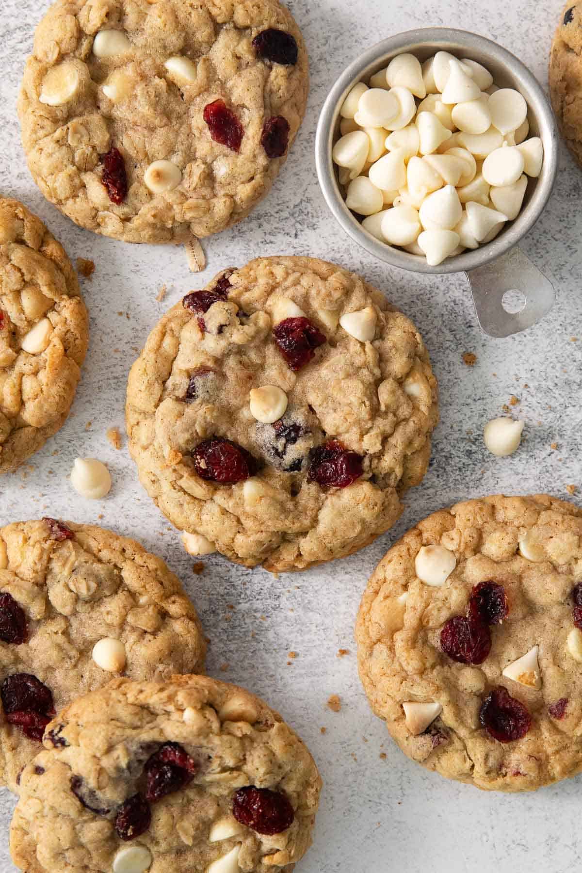 gluten-free white chocolate cranberry cookies on a countertop