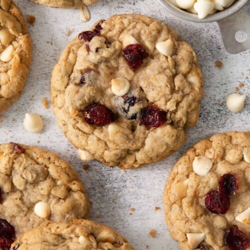 gluten-free white chocolate cranberry cookies on a baking sheet