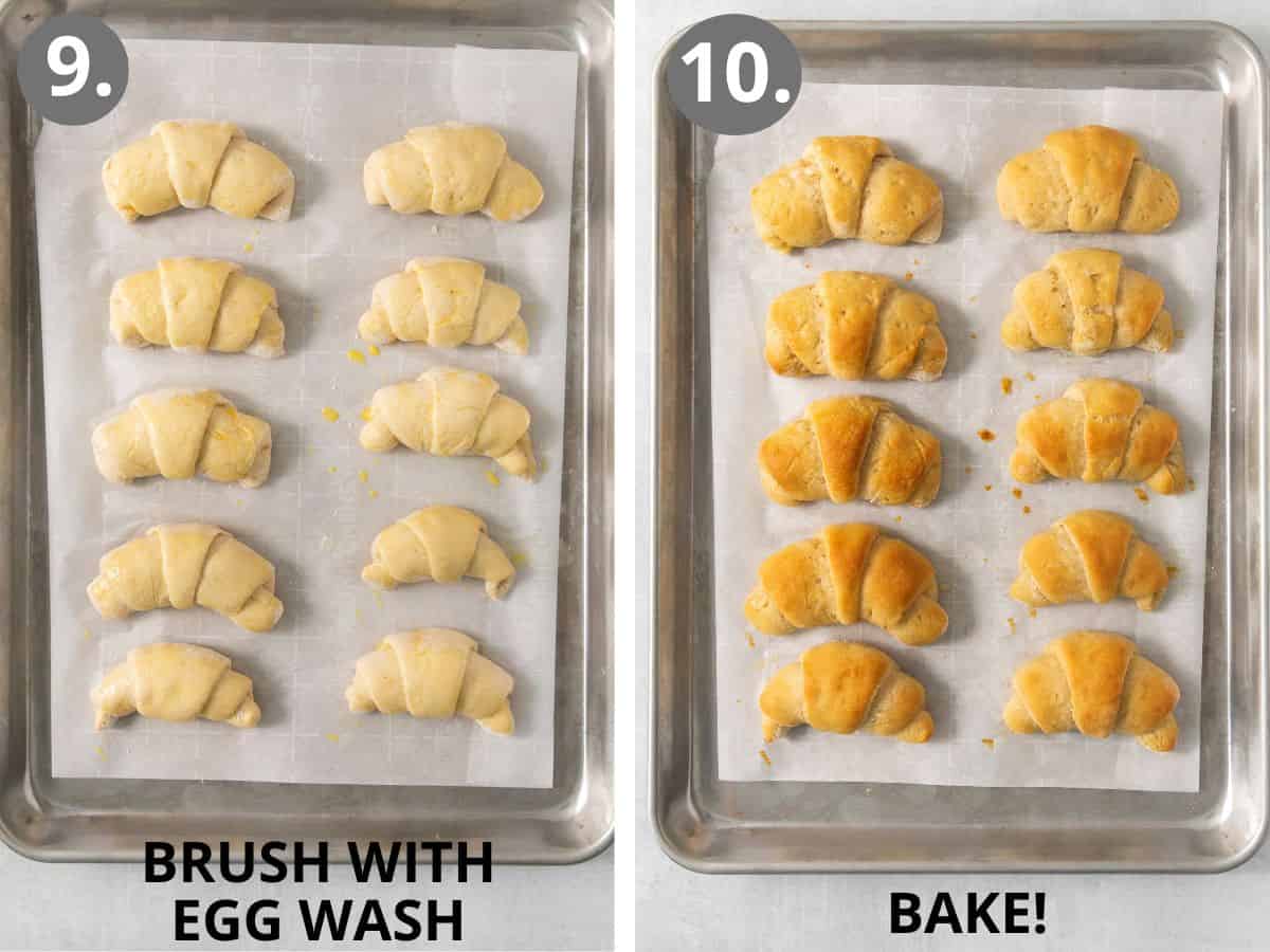 gluten-free crescent rolls on a baking sheet, before baking and after baking