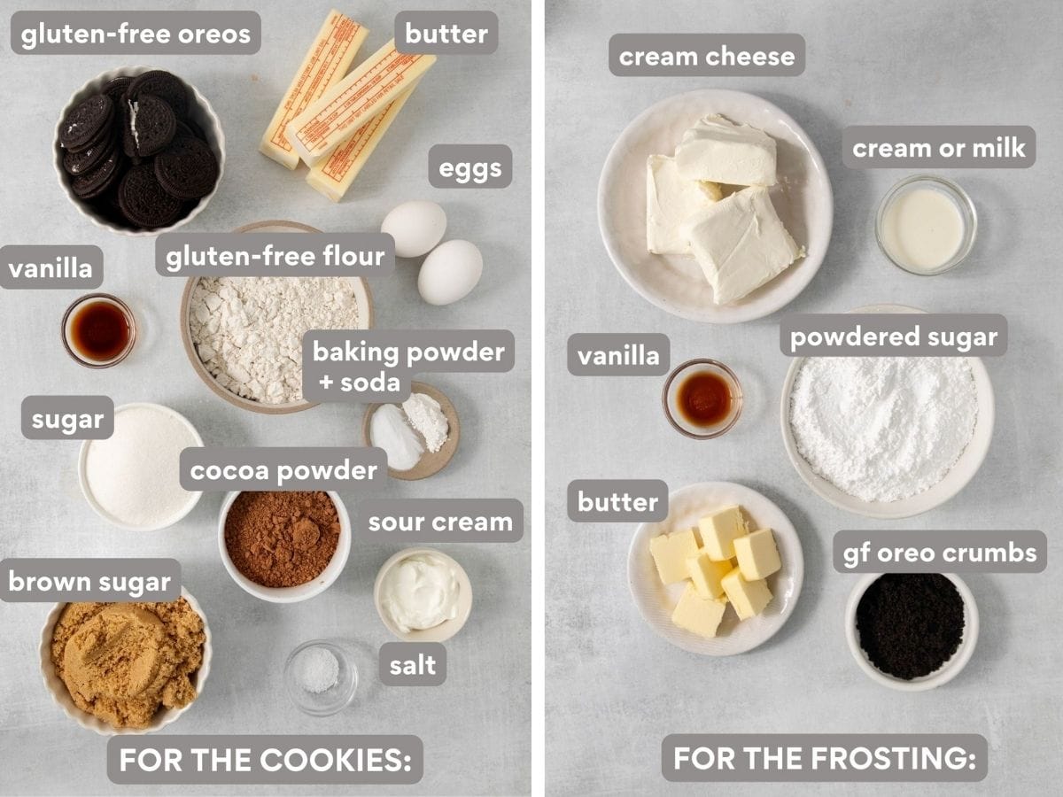 Ingredients for gluten-free Oreo Crumbl cookies and frosting on a countertop