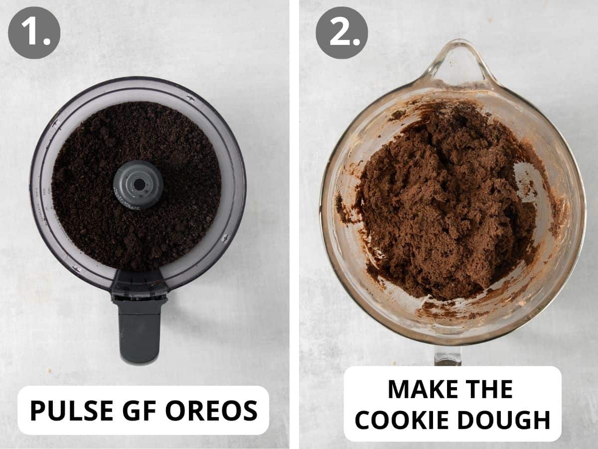 GF Oreos in a food processor and gluten-free Oreo Crumbl cookies dough in a mixing bowl