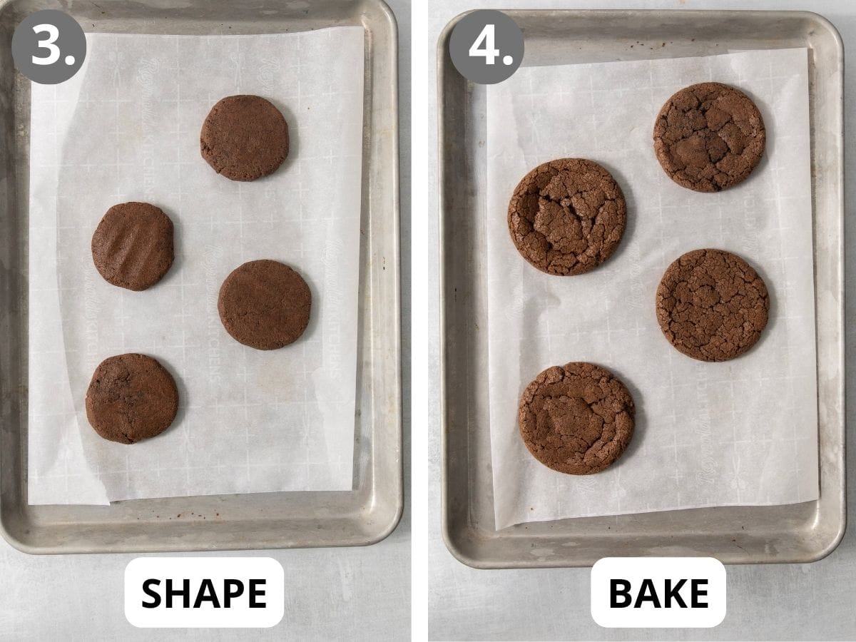 gluten-free Oreo Crumbl cookies dough on a cookie sheet and baked cookies on a cookie sheet