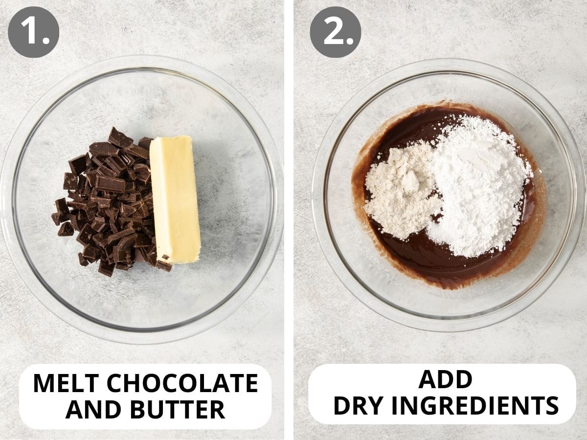 butter and chocolate chips in a glass bowl and dry ingredients added to the bowl for gluten-free chocolate lava cake