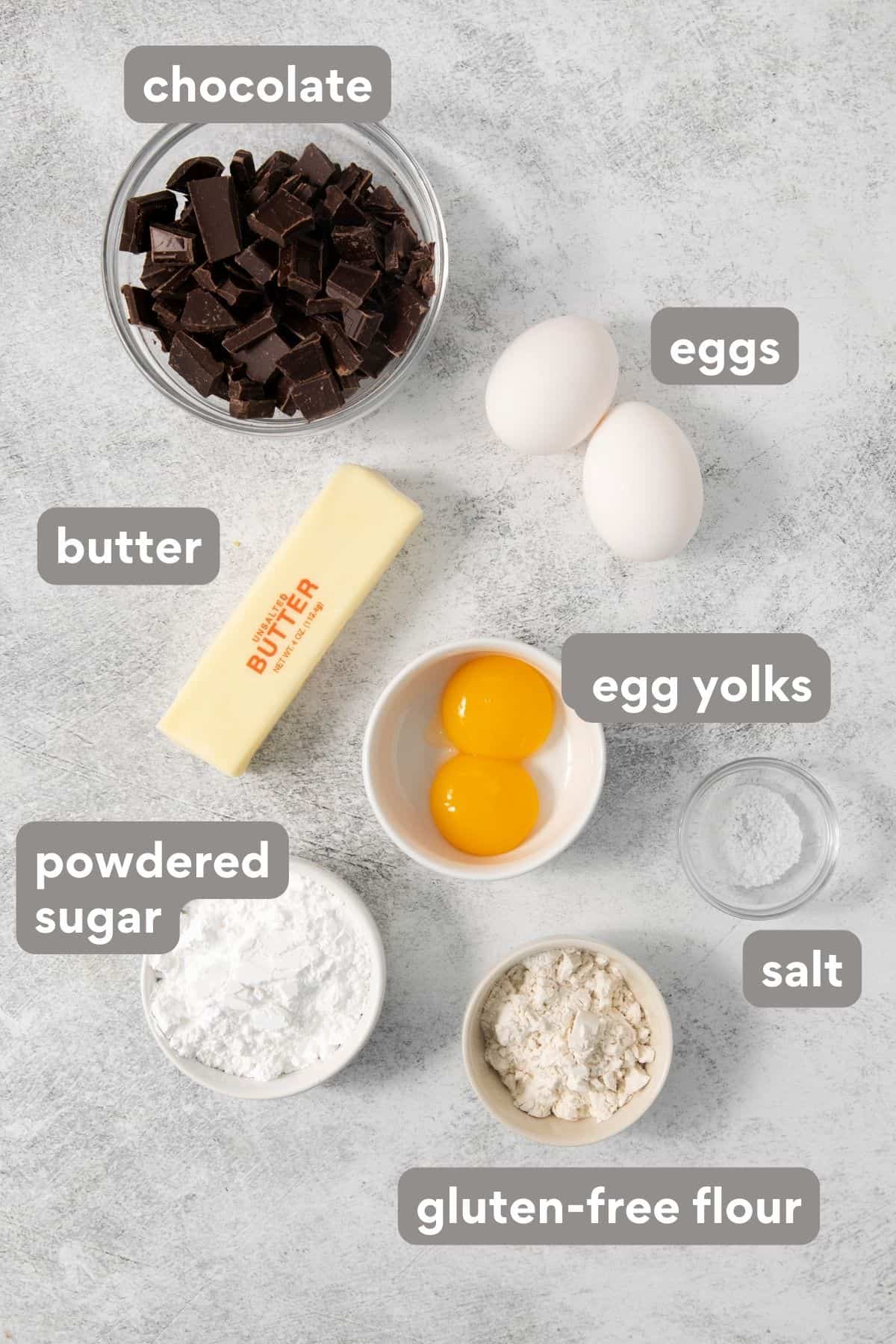 ingredients for gluten-free chocolate lava cake on a countertop