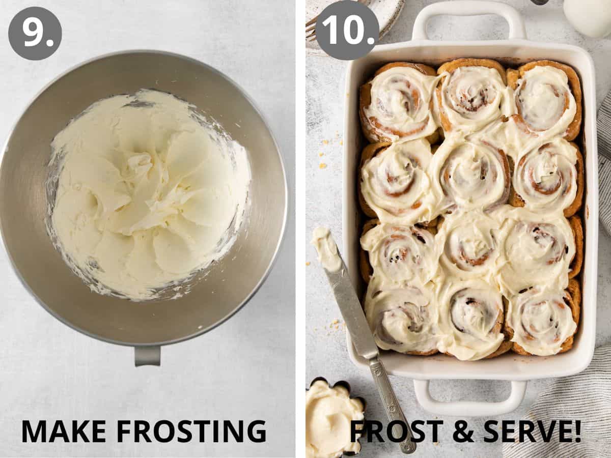 cream cheese frosting and cinnamon rolls being frosted