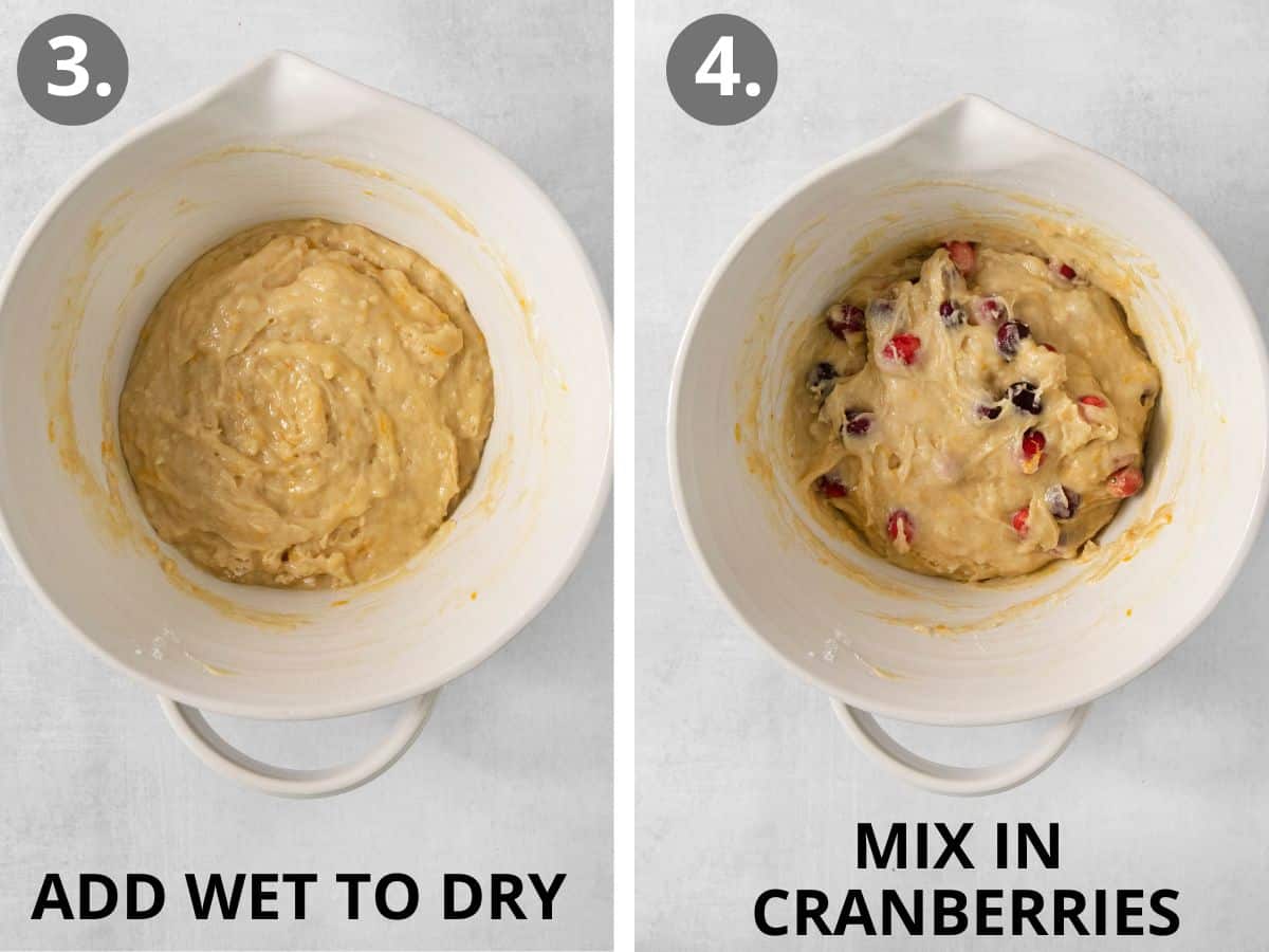 gluten-free cranberry bread wet and dry ingredients in a bowl, and ingredients with cranberries mixed in