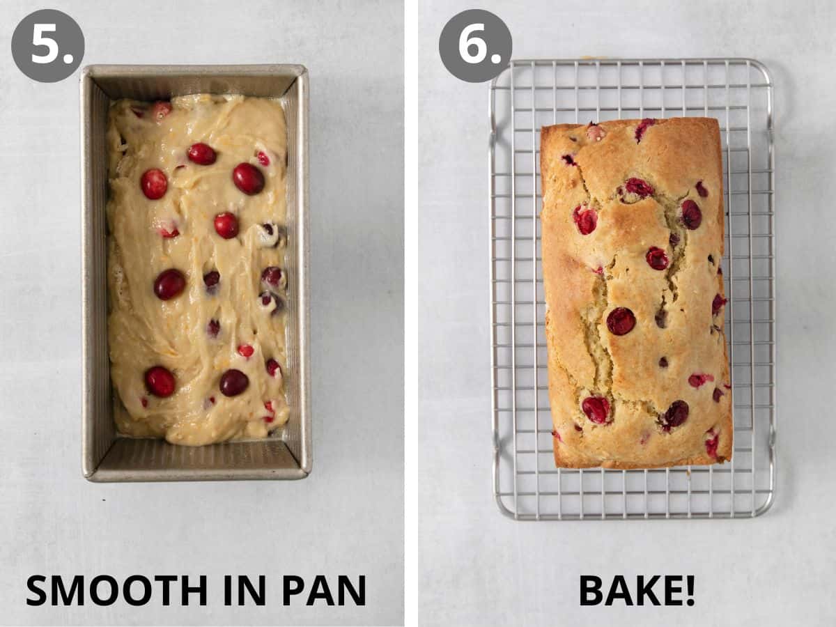 gluten-free cranberry bread batter in a loaf pan, and baked gluten-free cranberry bread