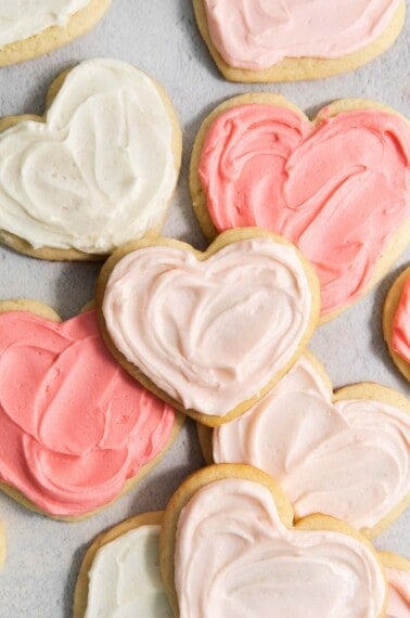 overhead shot of frosted pink heart sugar gluten-free sugar cookies