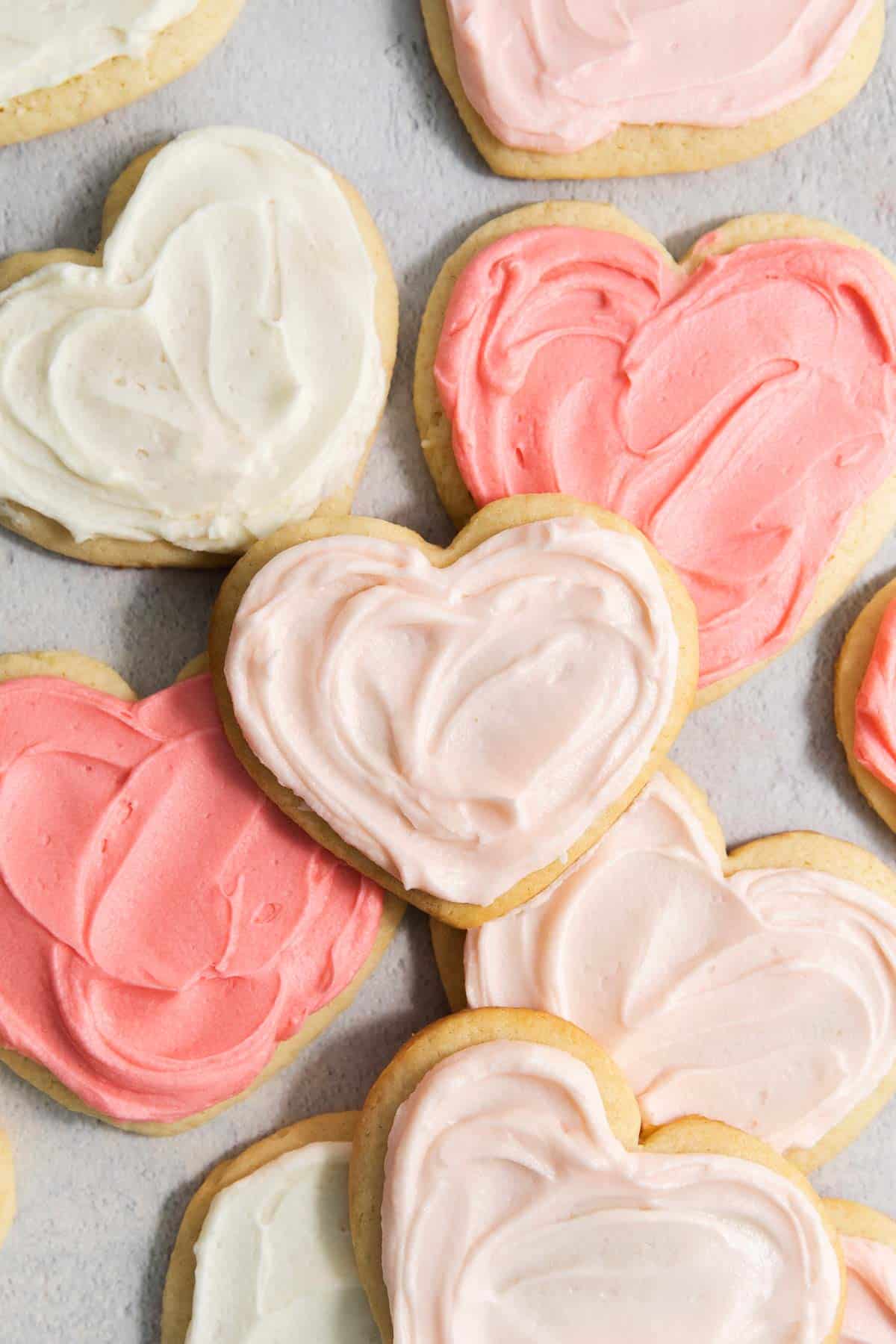 overhead shot of frosted pink heart sugar gluten-free sugar cookies 