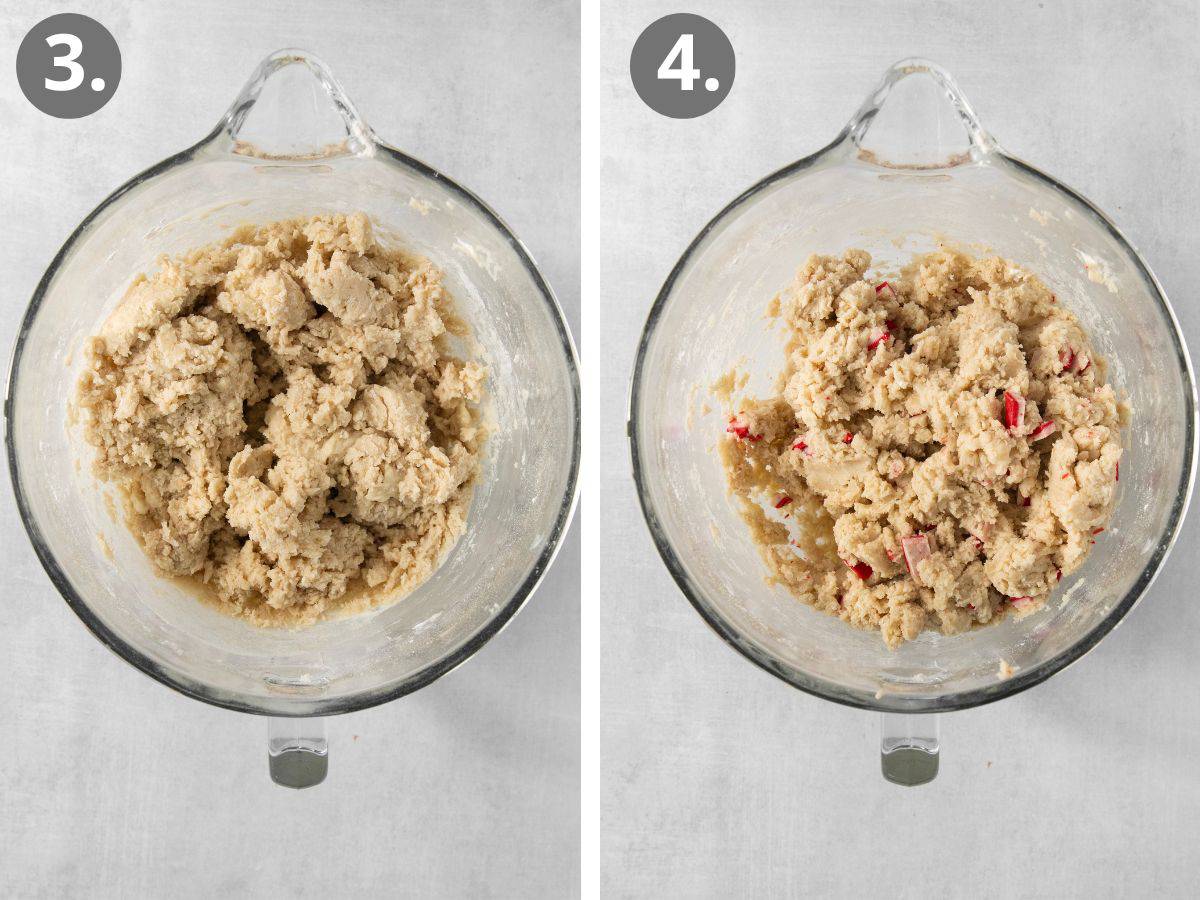 gluten-free peppermint cookies dough in a mixing bowl, and gluten-free peppermint cookies dough with mix-ins added in