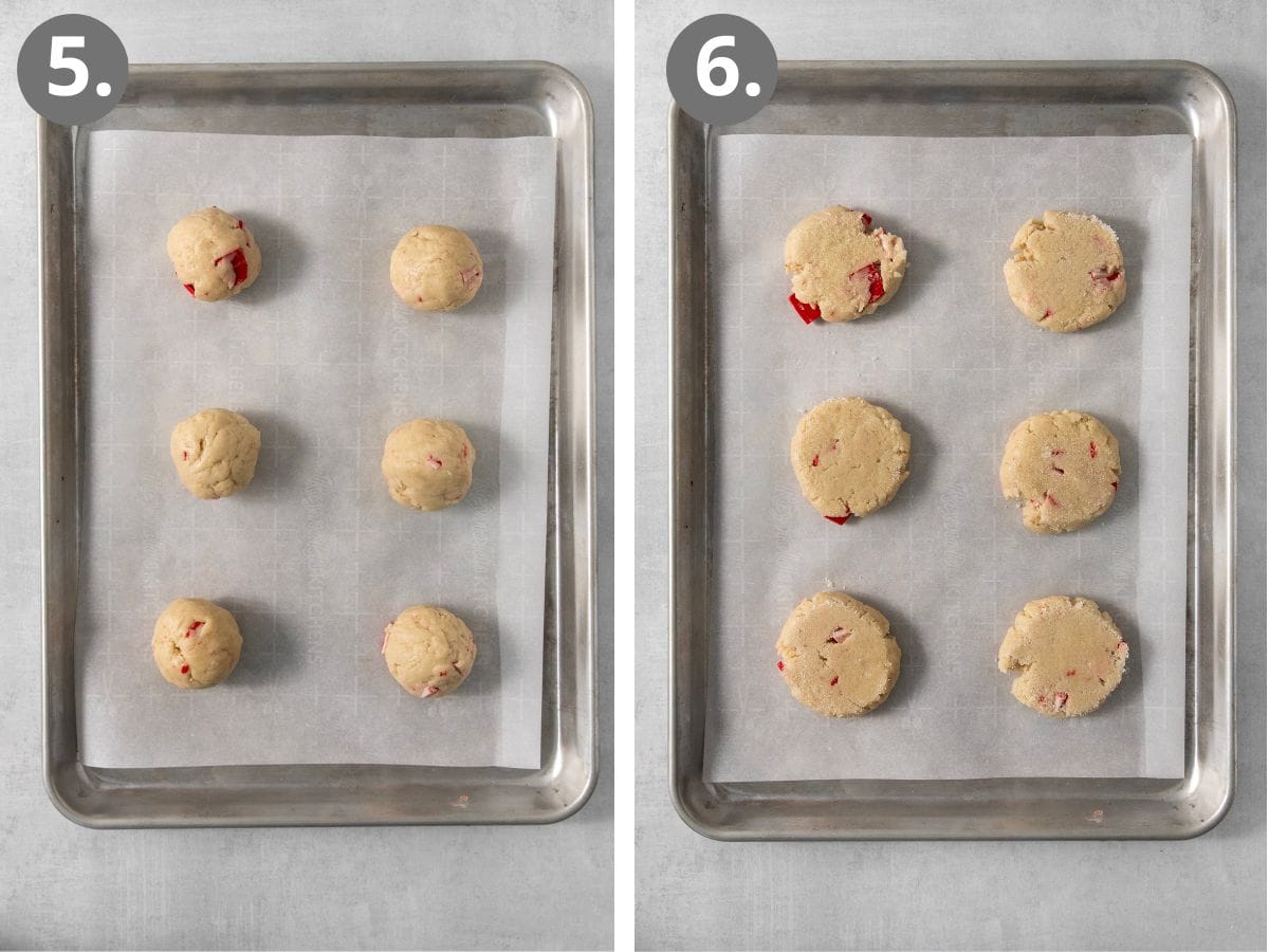 dough for gluten-free peppermint cookies rolled into balls and set on a baking sheet, and dough balls flattened onto the cookie sheet