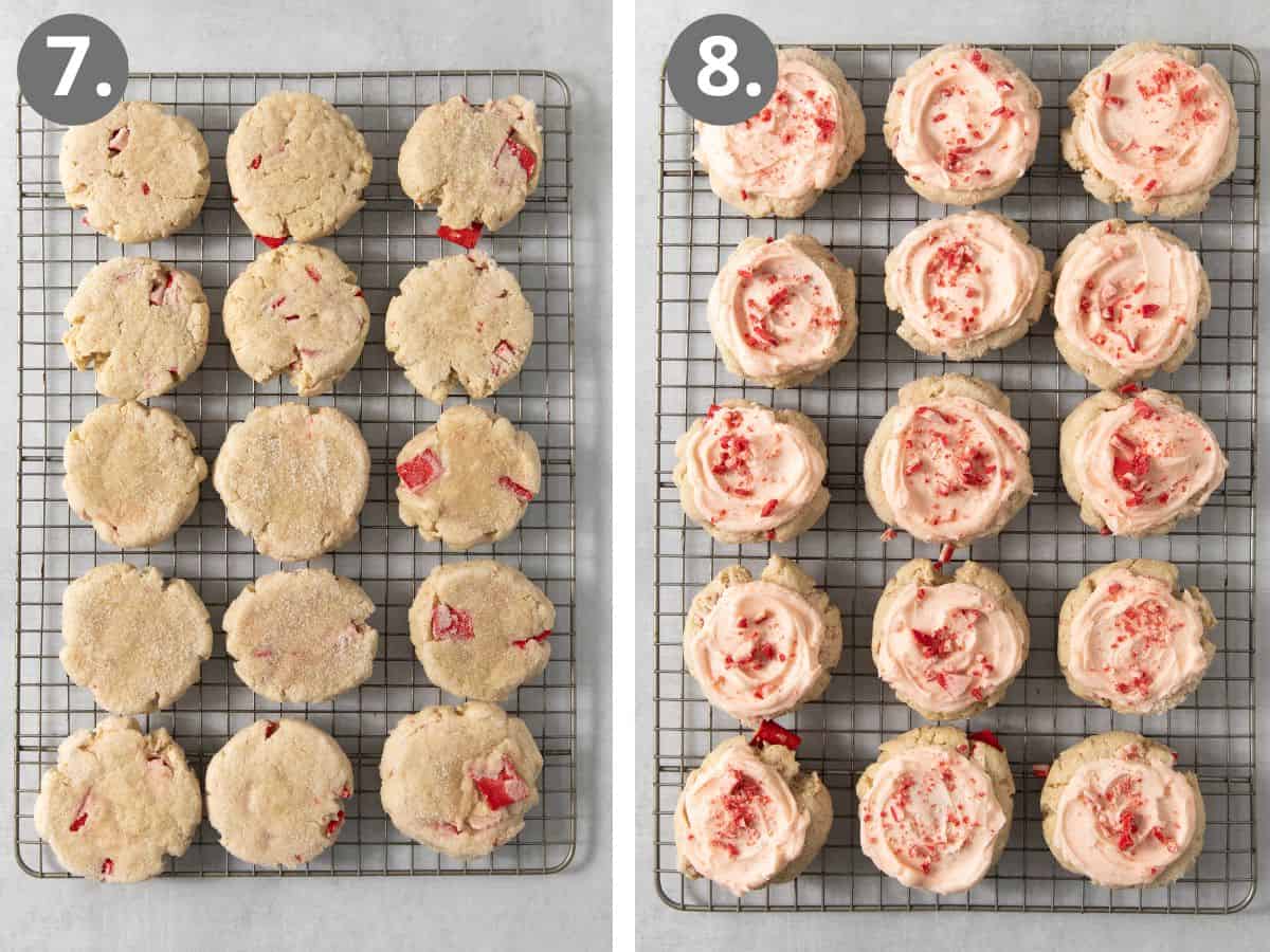 unfrosted gluten-free peppermint cookies on a cooling rack, and frosted gluten-free peppermint cookies on a cooling rack