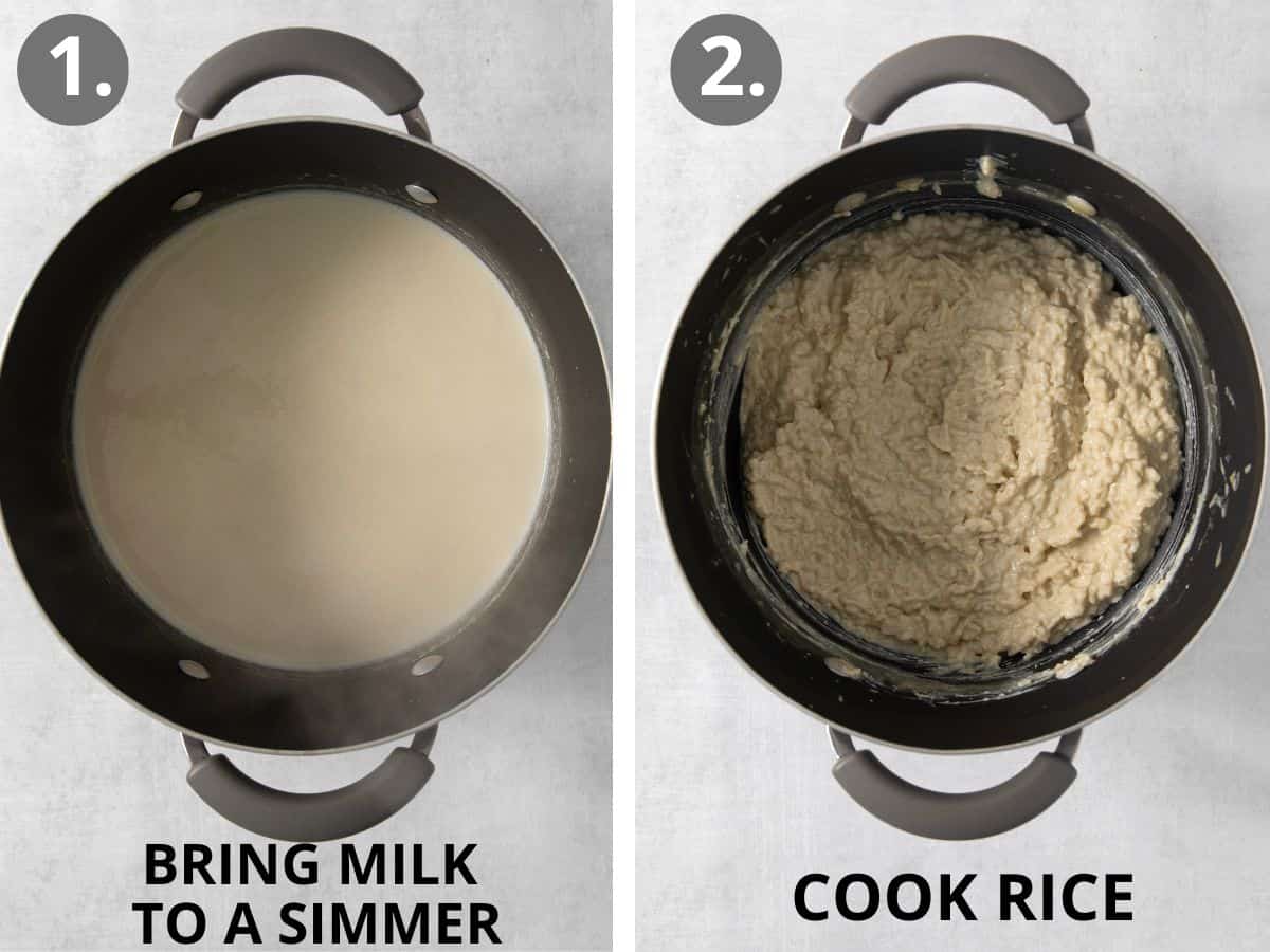 Milk simmer in a pot, and rice cooking in a pot