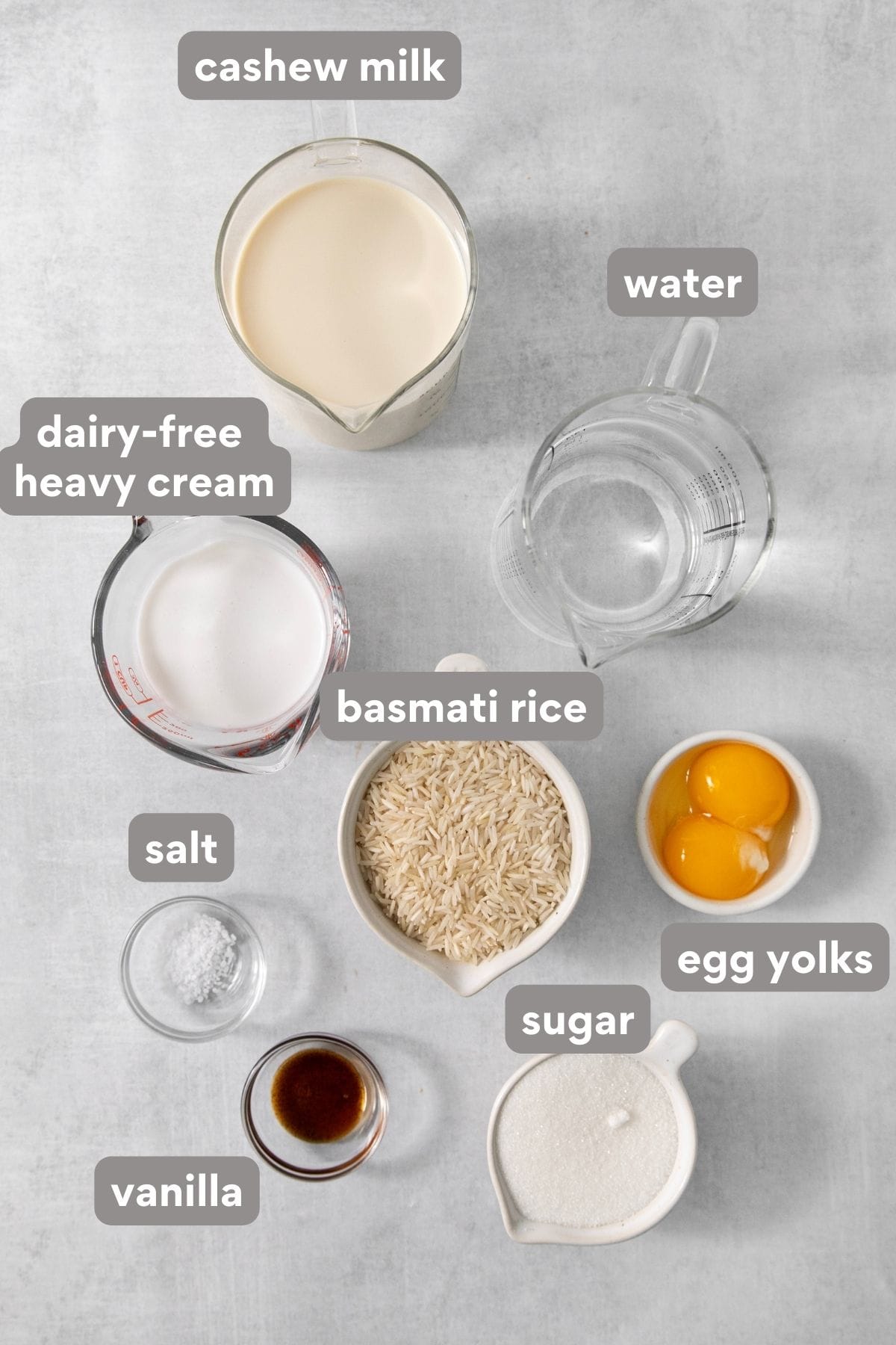 dairy-free rice pudding ingredients on a countertop