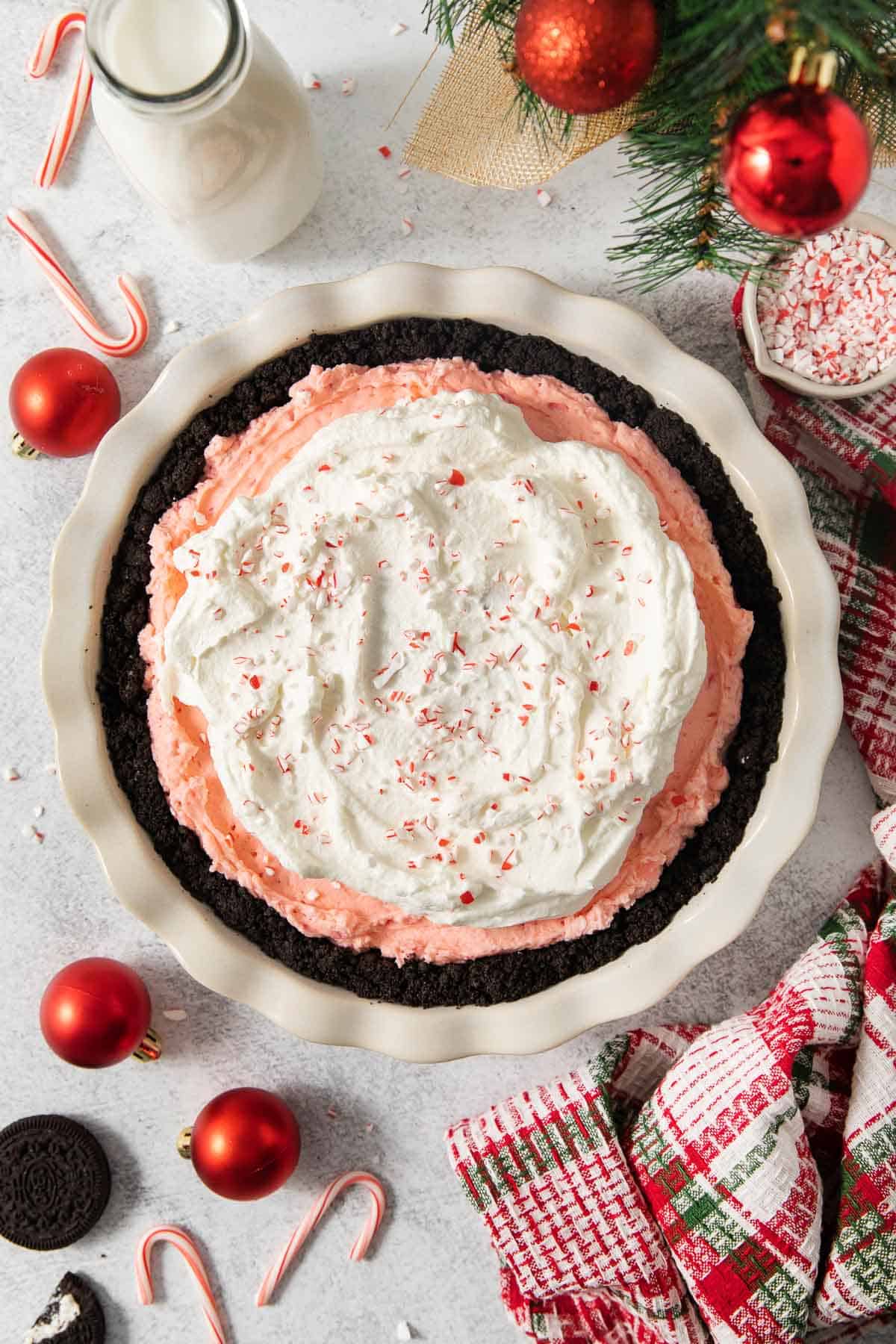 an overhead view of gluten-free peppermint pie in a pie dish