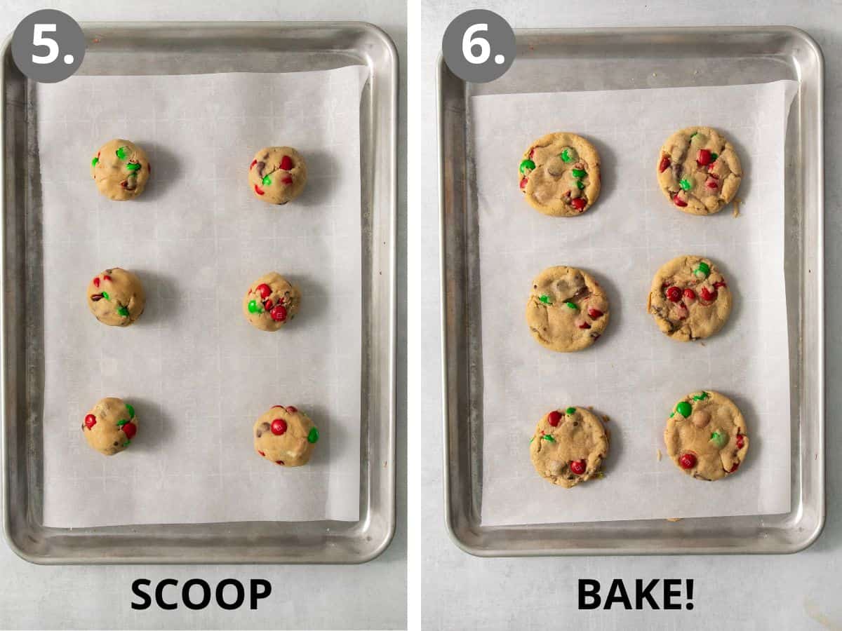 gluten-free M&M cookies dough on a baking sheet, and baked gluten-free M&M cookies