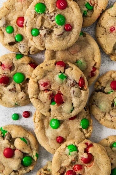 gluten-free M&M cookies on a countertop