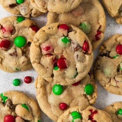 gluten-free M&M cookies on a piece of parchment paper