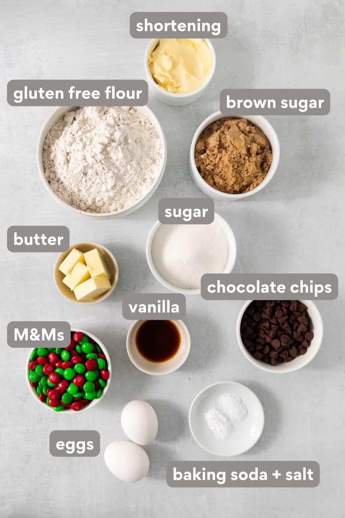 ingredients for gluten-free M&M cookies on a countertop