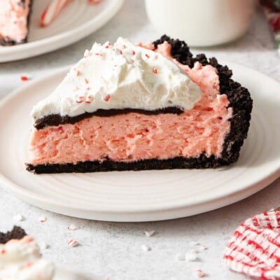 a close-up view of gluten-free peppermint pie on a plate
