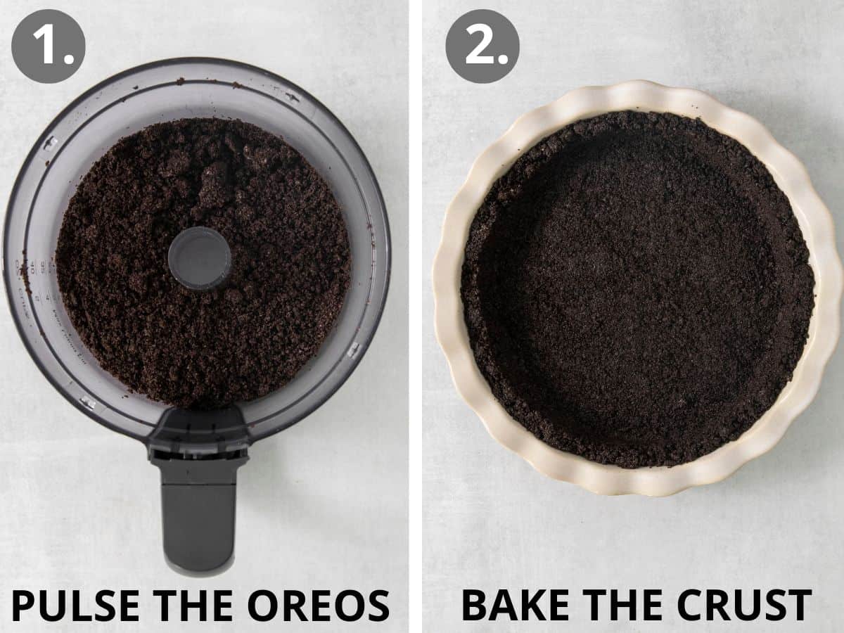 Oreos in a food processor, and pressed into a pie dish for gluten-free peppermint pie
