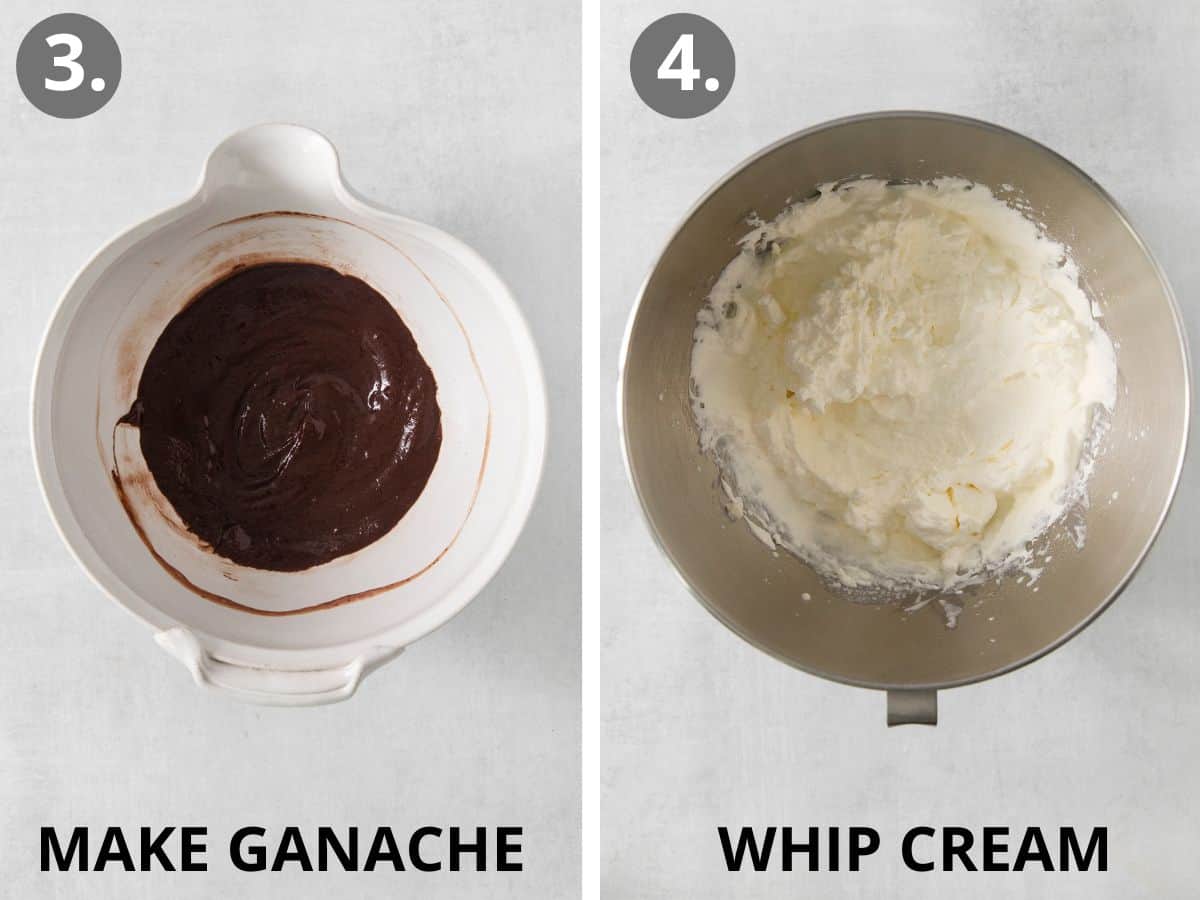 ganache in a bowl and whipped cream in a bowl for gluten-free peppermint pie