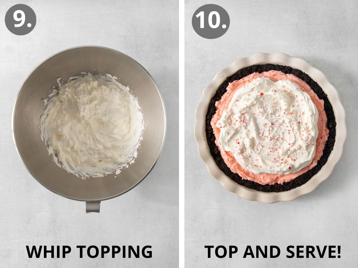 whipped topping in a stand mixer bowl, and whipped topping on the gluten-free peppermint pie