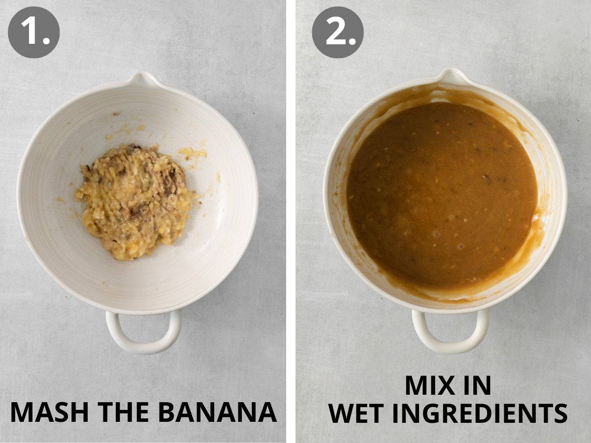 mashed banana in a bowl and wet ingredients for gluten-free banana cookies mixed into the bowl