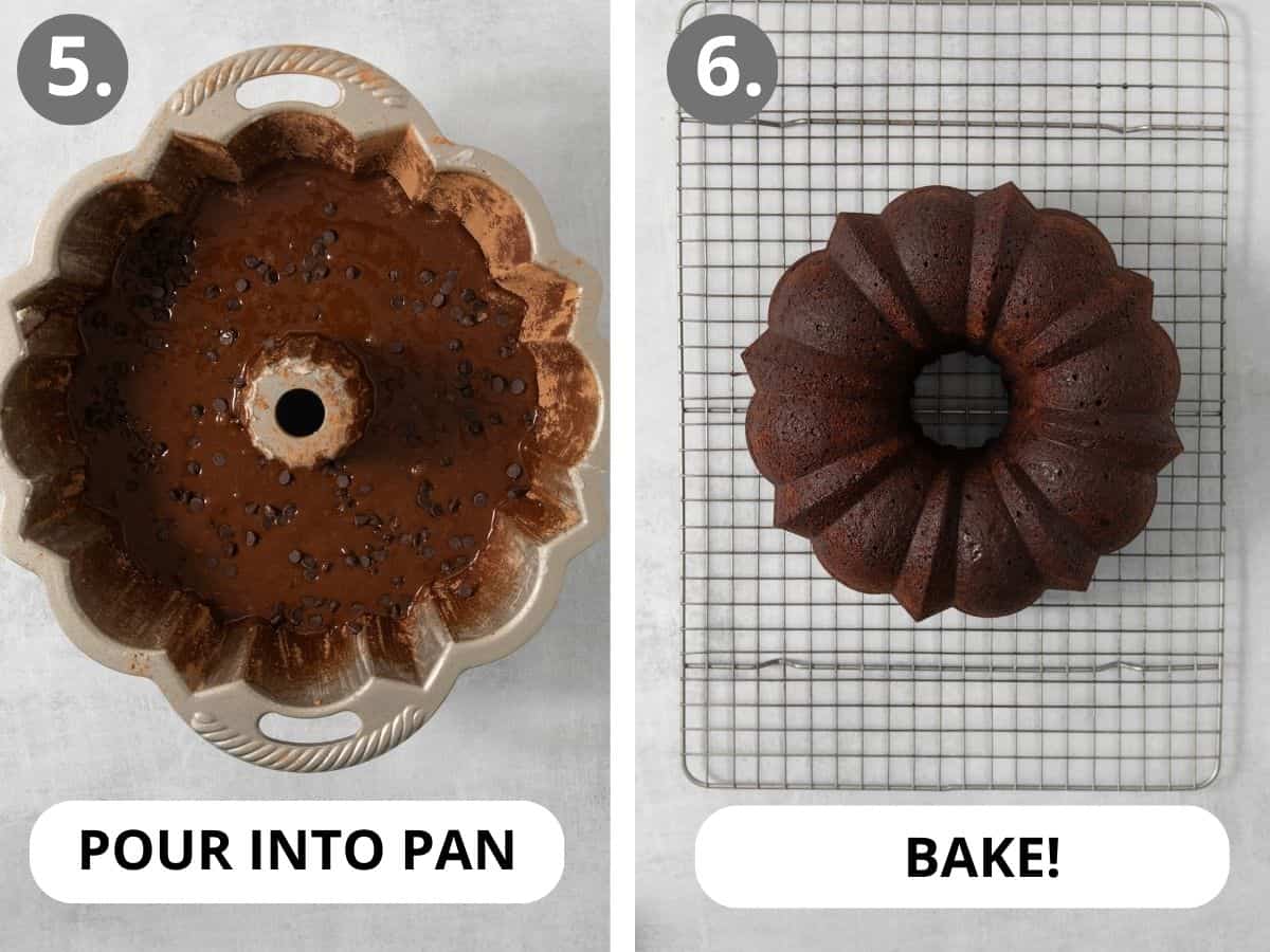 gluten-free chocolate bundt cake batter in a bundt pan, and the baked cake on a cooling rack