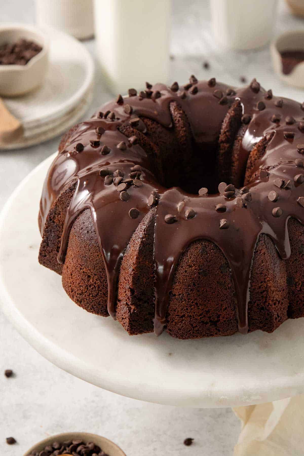 gluten-free chocolate bundt cake on a platter