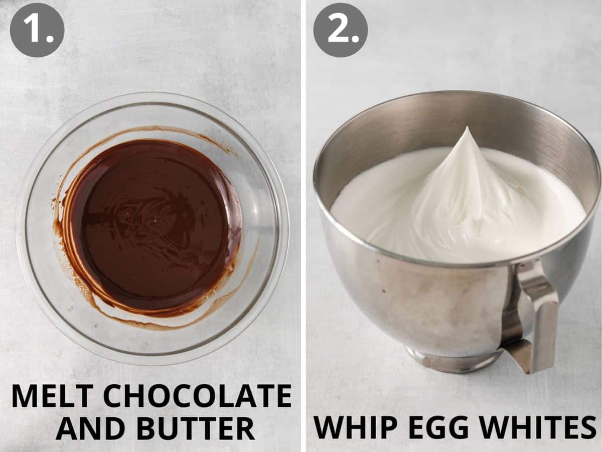 Melted chocolate and butter in a bowl, and whipped egg whites in a bowl for flourless chocolate torte