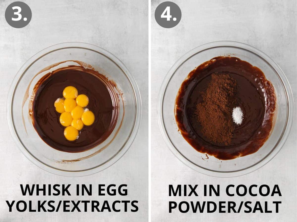 Egg yolks whisked into melted chocolate for flourless chocolate torte, and cocoa powder mixed in