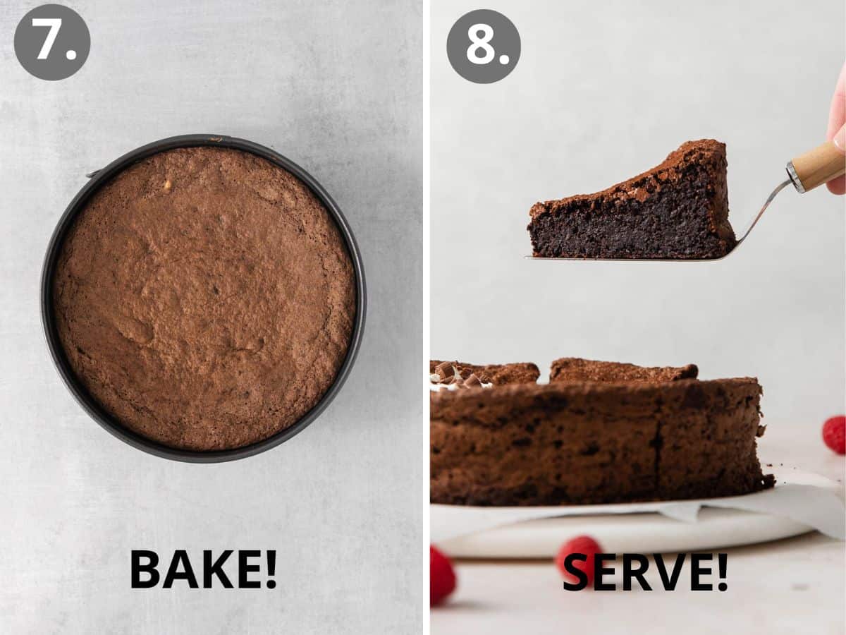 baked flourless chocolate torte, and a serving spoon lifting a piece out of the dish
