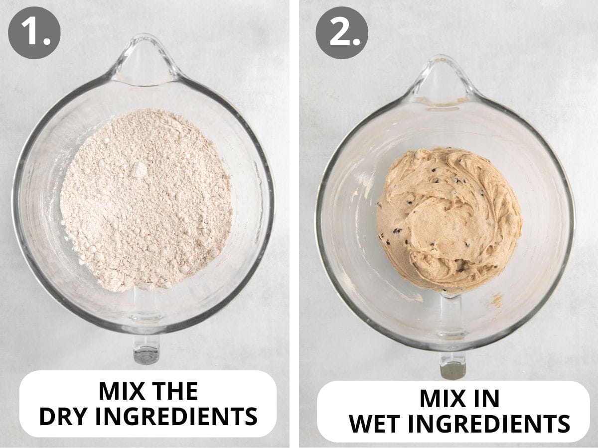dry ingredients for gluten-free hot cross buns in a mixing bowl, and wet ingredients mixed in