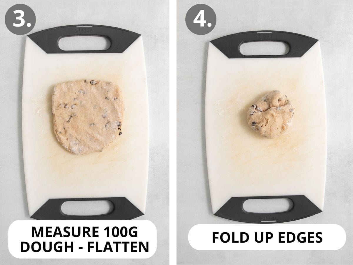 gluten-free hot cross buns dough pressed flat on a cutting board, then rolled up into a ball